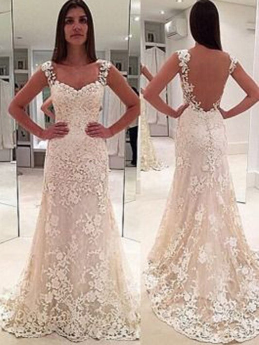 Sheath/Column Straps Sleeveless Court Train Sweetheart Applique Lace Wedding Dresses