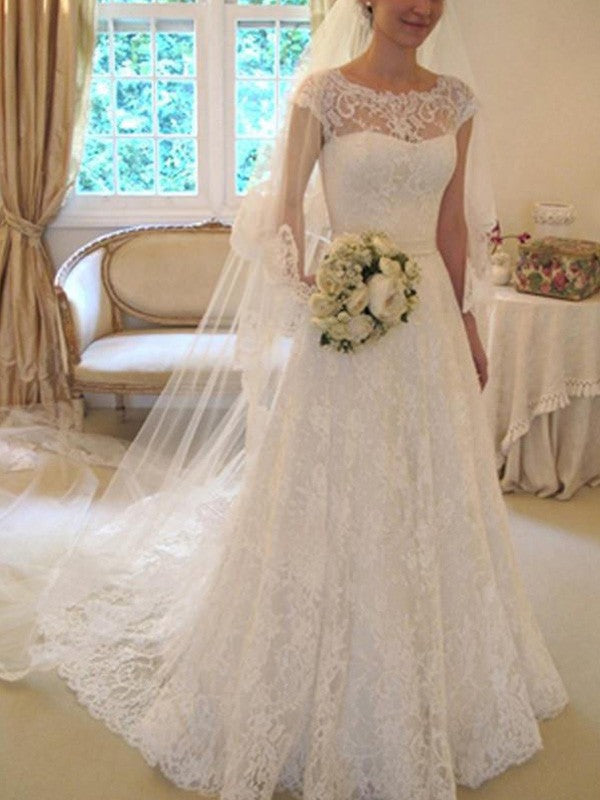 A-Line/Princess Sash/Ribbon/Belt Short Sleeves Square Court Train Applique Lace Wedding Dresses