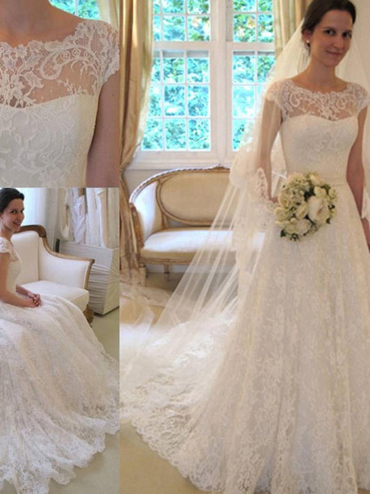 A-Line/Princess Sash/Ribbon/Belt Short Sleeves Square Court Train Applique Lace Wedding Dresses