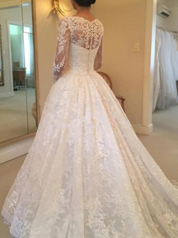 Ball Gown Long Sleeves Scoop Cathedral Train Ruffles Lace Wedding Dresses