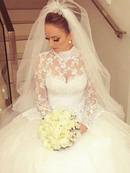 Ball Gown Long Sleeves High Neck Sweep/Brush Train Sash/Ribbon/Belt Lace Wedding Dresses