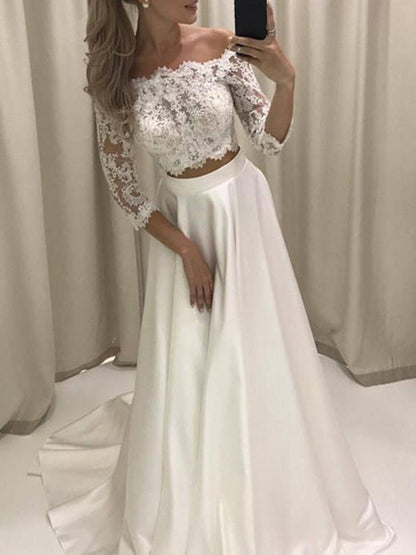 A-Line/Princess 3/4 Sleeves Off-the-Shoulder Court Train Applique Satin Wedding Dresses