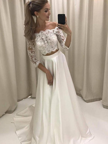 A-Line/Princess 3/4 Sleeves Off-the-Shoulder Court Train Applique Satin Wedding Dresses