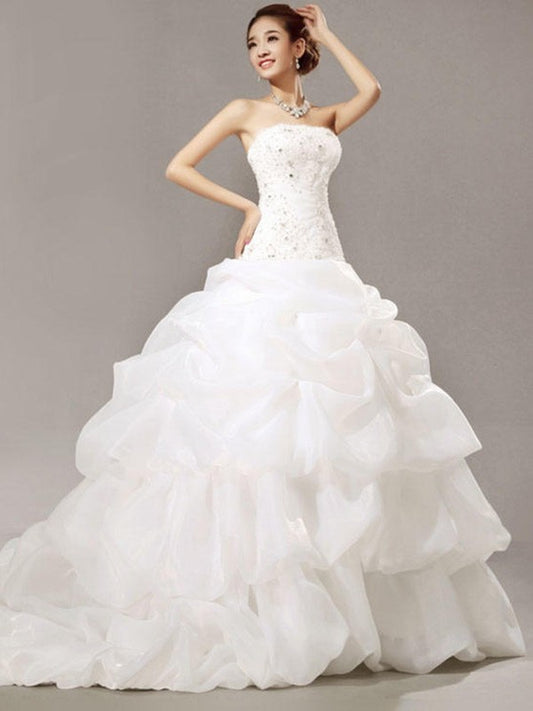 Ball Gown Sleeveless Strapless Cathedral Train Beading Lace Pleats Organza Wedding Dresses