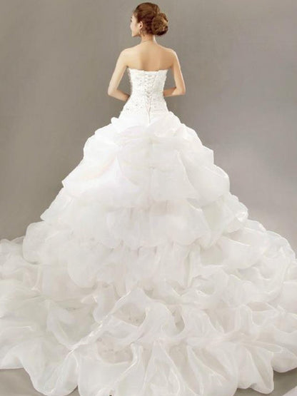 Ball Gown Sleeveless Strapless Cathedral Train Beading Lace Pleats Organza Wedding Dresses