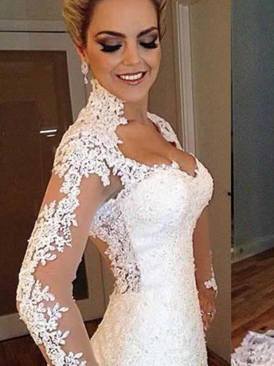 Trumpet/Mermaid Long Sleeves V-neck Sweep/Brush Train Applique Lace Wedding Dresses