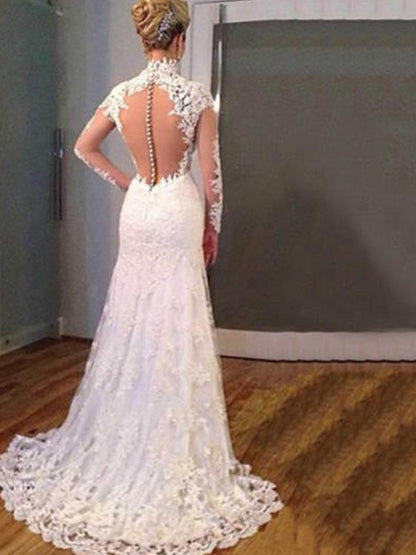 Trumpet/Mermaid Long Sleeves V-neck Sweep/Brush Train Applique Lace Wedding Dresses