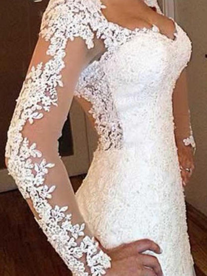 Trumpet/Mermaid Long Sleeves V-neck Sweep/Brush Train Applique Lace Wedding Dresses