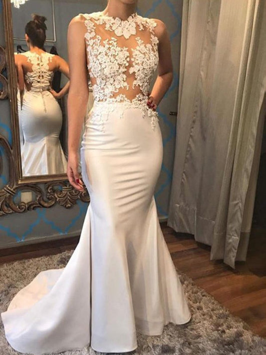 Fishtail Sleeveless Low Round Neck Palace Train Applique Satin Wedding Dress