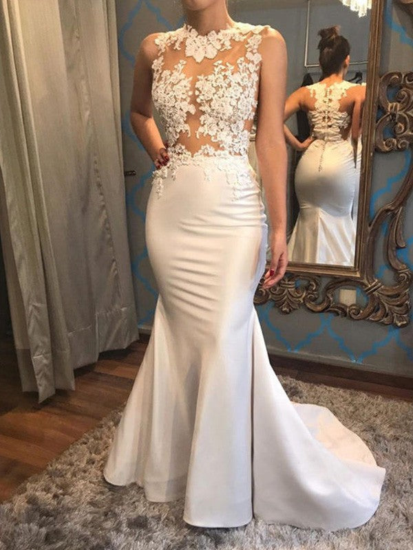 Fishtail Sleeveless Low Round Neck Palace Train Applique Satin Wedding Dress