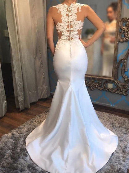 Fishtail Sleeveless Low Round Neck Palace Train Applique Satin Wedding Dress