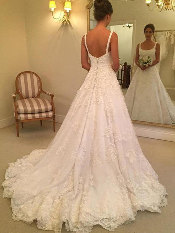 A-Line/Princess Sleeveless Straps Square Court Train Applique Lace Wedding Dresses