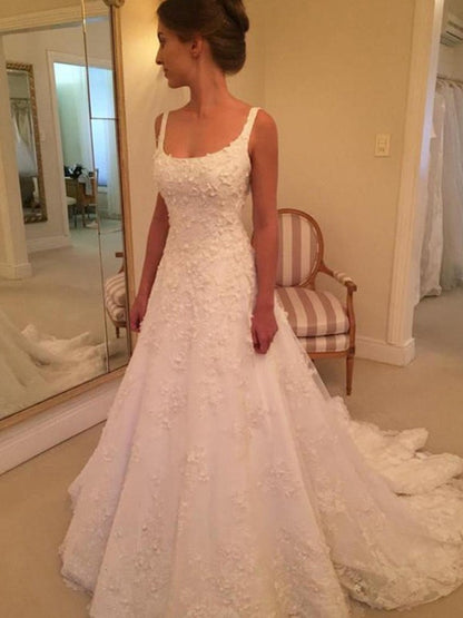 A-Line/Princess Sleeveless Straps Square Court Train Applique Lace Wedding Dresses