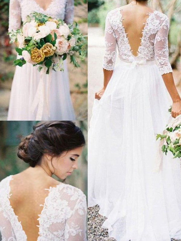 A-Line/Princess 1/2 Sleeves V-neck Sweep/Brush Train Applique Lace Chiffon Wedding Dresses