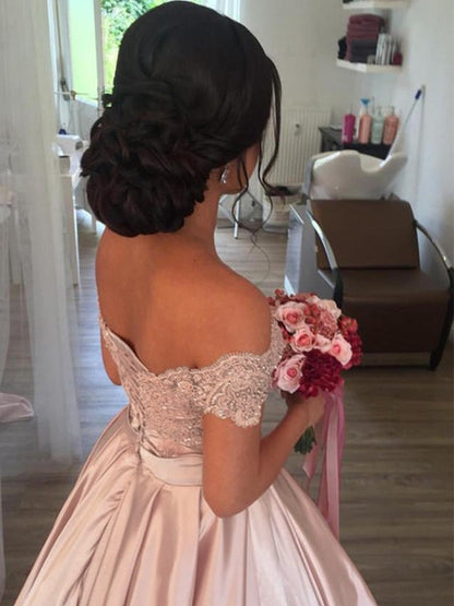 Ball Gown Sleeveless Off-the-Shoulder Satin Ruffles Cathedral Train Wedding Dresses