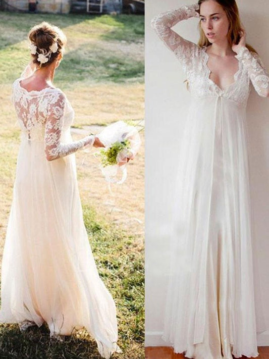 Empire V-neck Chiffon Lace Long Sleeves Floor-Length Wedding Dresses