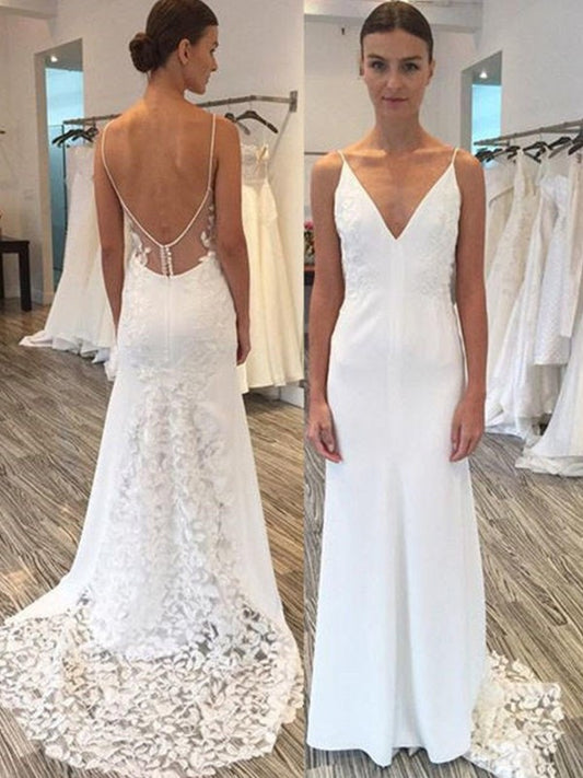 Sheath/Column Satin Lace Spaghetti Straps Sleeveless Sweep/Brush Train Wedding Dresses