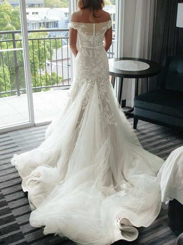 Trumpet/Mermaid Applique Lace Tulle Off-the-Shoulder Sleeveless Court Train Wedding Dresses