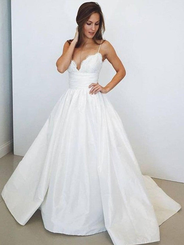 Ball Gown Sleeveless Spaghetti Straps Ruched Satin Sweep/Brush Train Wedding Dresses