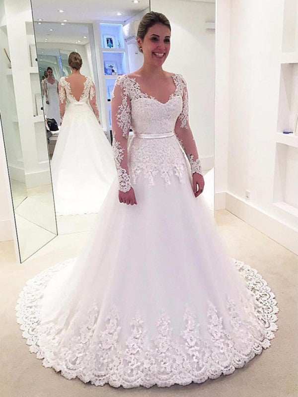 A-Line/Princess V-neck Applique Lace Long Sleeves Tulle Sweep/Brush Train Wedding Dresses