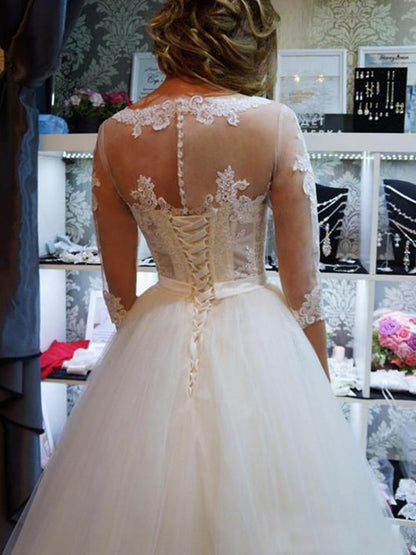 Ball Gown Tulle Scoop 1/2 Sleeves Applique Floor-Length Wedding Dresses