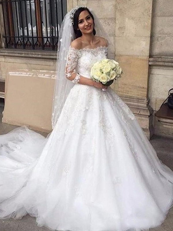 Ball Gown Tulle Off-the-Shoulder Applique 3/4 Sleeves Chapel Train Wedding Dresses