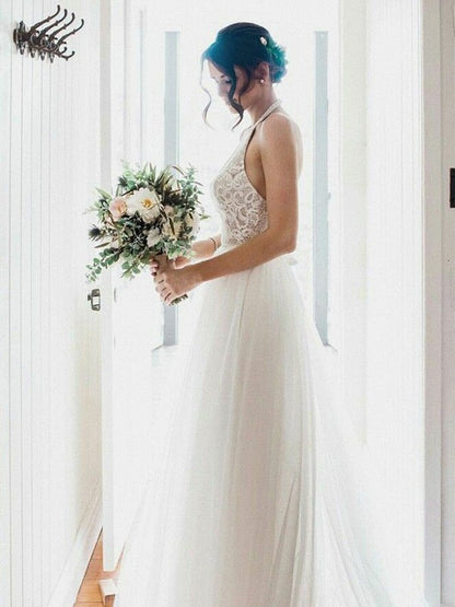 A-Line/Princess Lace Tulle Sleeveless Halter Floor-Length Wedding Dresses