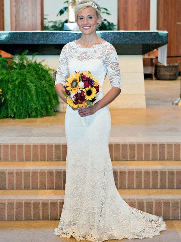 Sheath/Column Lace Ruched Scoop 1/2 Sleeves Sweep/Brush Train Wedding Dresses