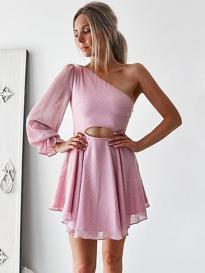 A-Line/Princess Chiffon One-Shoulder Long Sleeves Ruffles Short/Mini Dresses