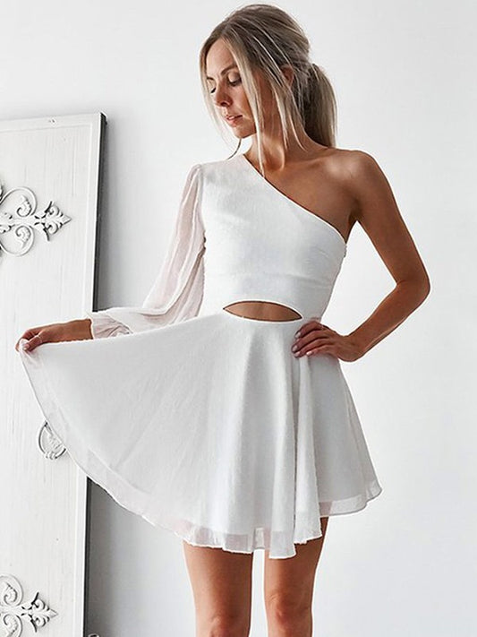 A-Line/Princess Chiffon One-Shoulder Long Sleeves Ruffles Short/Mini Dresses