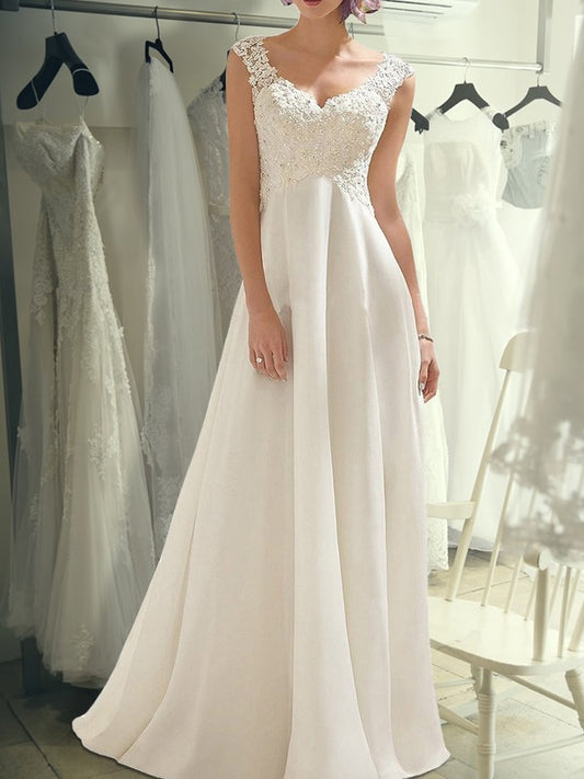 Elegant sleeveless V-neck lace chiffon and floor length wedding dress