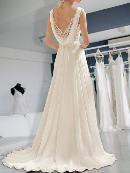 Elegant sleeveless V-neck lace chiffon and floor length wedding dress