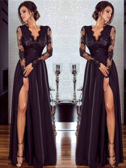 A-Line/Princess Long Sleeves V-neck Floor-Length Lace Satin Chiffon Applique Dresses