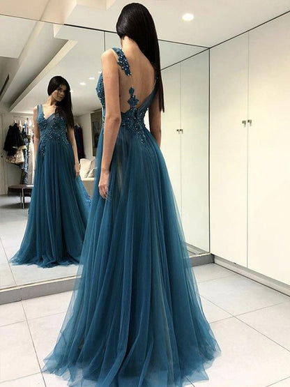 A-Line/Princess Sleeveless V-neck Floor-Length Applique Tulle Dresses