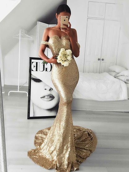 Trumpet/Mermaid Sleeveless Off-the-Shoulder Sweep/Brush Train Ruffles Sequins Dresses