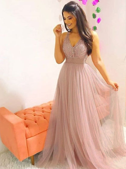 A-Line/Princess Sleeveless V-neck Sweep/Brush Train Crystal Tulle Dresses