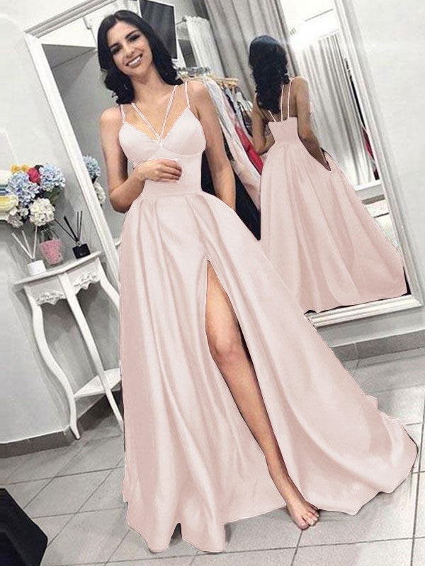 A-Line/Princess Sleeveless Spaghetti Straps Sweep/Brush Train Ruffles Satin Dresses