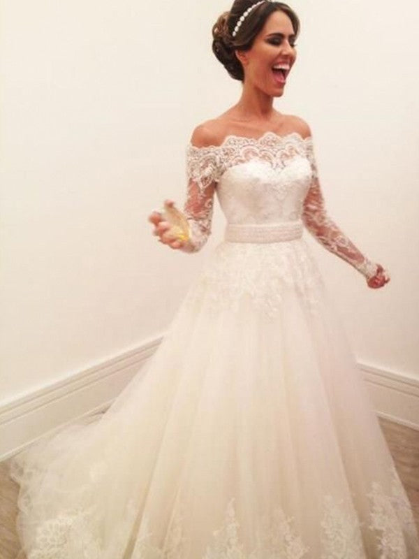 A-Line/Princess Off-the-Shoulder Long Sleeves Sweep/Brush Train Lace Tulle Wedding Dresses