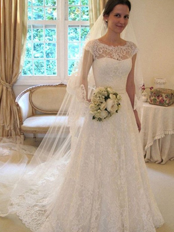 A-Line/Princess Scoop Sleeveless Sweep/Brush Train Lace Tulle Wedding Dresses