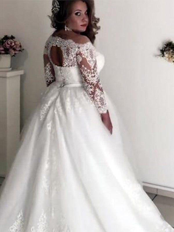 A-Line/Princess Off-the-Shoulder Long Sleeves Court Train Lace Tulle Wedding Dresses