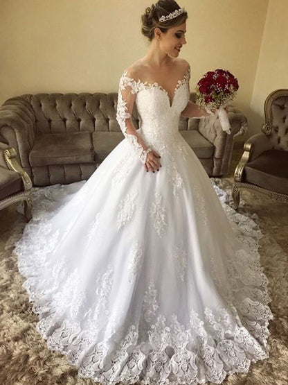 Ball Gown Off-the-Shoulder Long Sleeves Sweep/Brush Train Lace Tulle Wedding Dresses