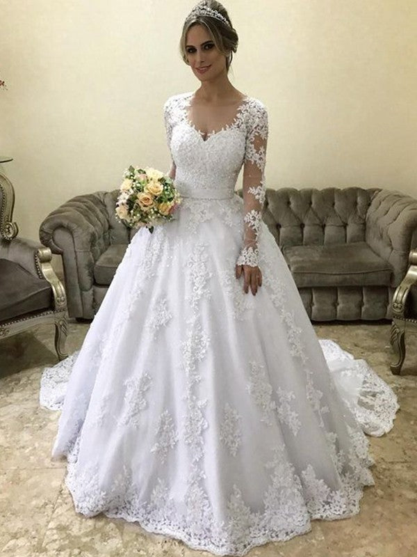 Ball Gown V-neck Long Sleeves Court Train Applique Satin Wedding Dresses