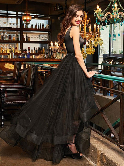 A-Line/Princess Sleeveless V-neck Asymmetrical Ruffles Tulle Dresses