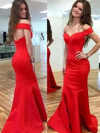 Trumpet/Mermaid Sleeveless Off-the-Shoulder Sweep/Brush Train Satin Dresses