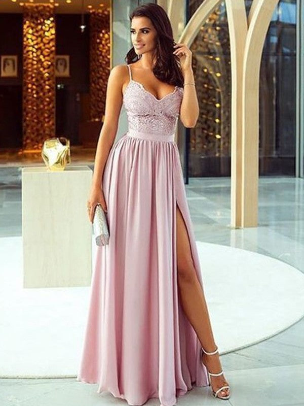 A-Line/Princess Sleeveless Spaghetti Straps Floor-Length Applique Silk like Satin Dresses