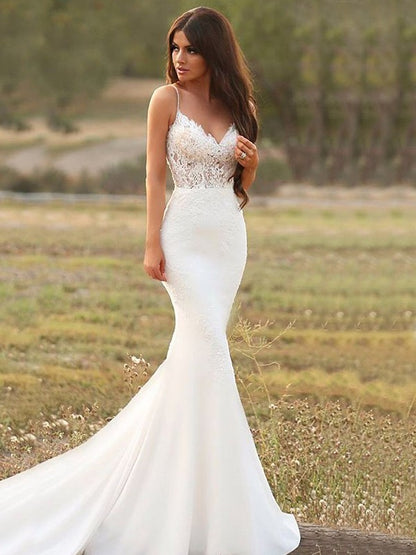 Fishtail Elastic Crepe Sticker Fine Shoulder Strap Sleeveless Floor Dragging Long Wedding Dress