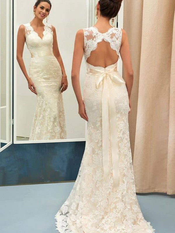 Trumpet/Mermaid Lace Sash/Ribbon/Belt V-neck Sleeveless Sweep/Brush Train Wedding Dresses