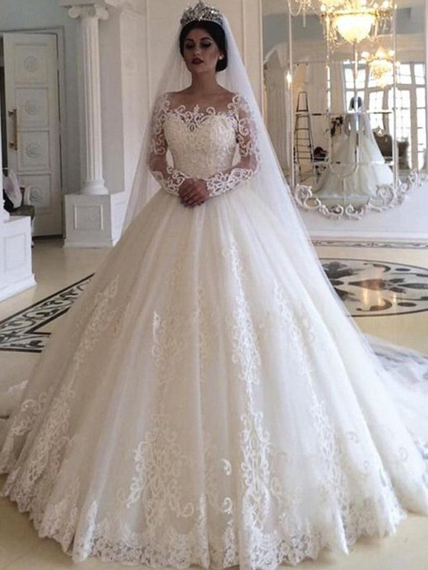 Ball Gown Tulle Applique Off-the-Shoulder Long Sleeves Sweep/Brush Train Wedding Dresses