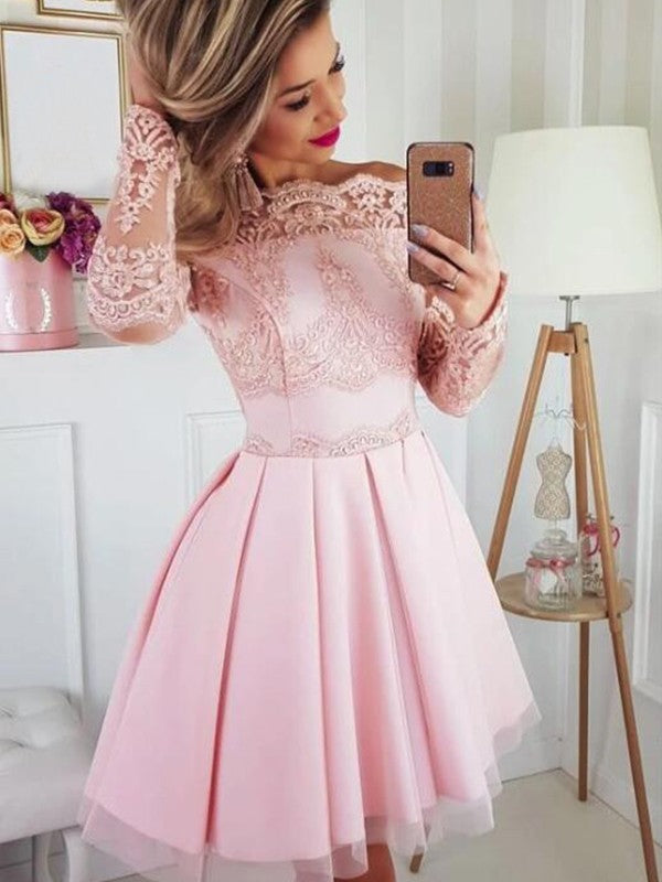 A-Line/Princess Satin Lace Off-the-Shoulder Long Sleeves Short/Mini Homecoming Dresses