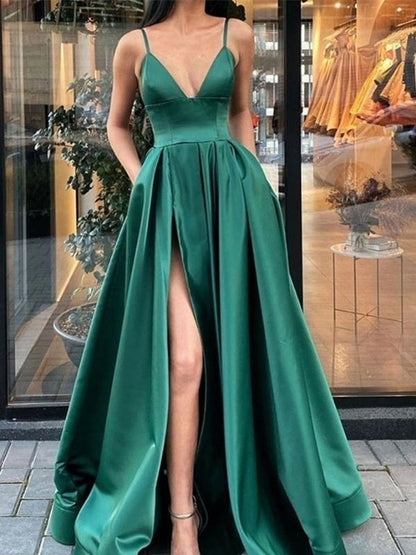 A-Line/Princess Ruffles Satin Spaghetti Straps Sleeveless Floor-Length Dresses